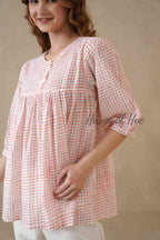 Women’s Terracotta Orange Floral A-Line Blouse | Hand Block Printed Button-Yoke Tuni