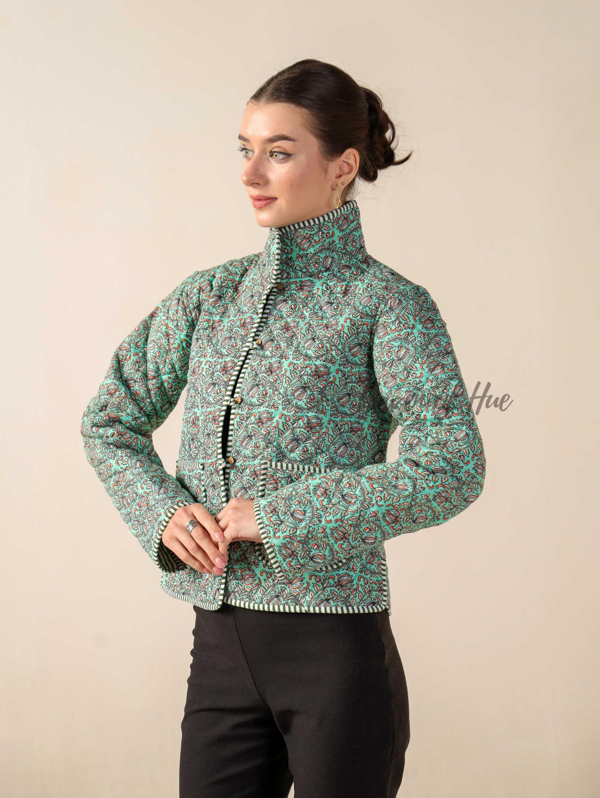 Women’s Cotton Floral Block Print Jacket Reversible Handmade Winter Short Coat With Pockets