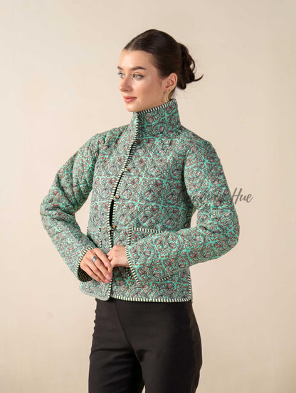 Women’s Cotton Floral Block Print Jacket Reversible Handmade Winter Short Coat With Pockets
