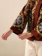 Women's Handcrafted Brown Suzani Velvet Jacket Floral Embroidered Boho Statement Coat