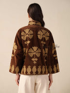Women's Brown Suzani Velvet Jacket Gold Embroidered Boho Minimalist Fall Coat