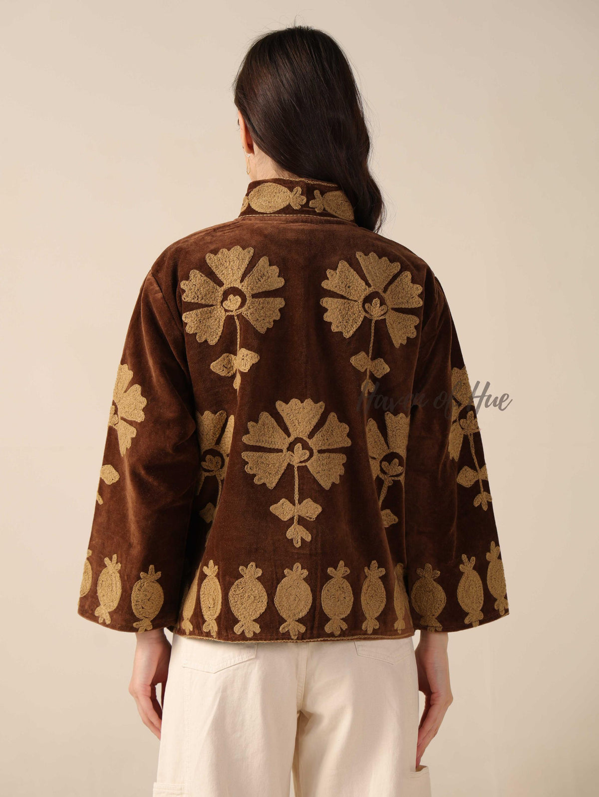Women's Brown Suzani Velvet Jacket Gold Embroidered Boho Minimalist Fall Coat