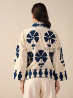 Women's Cream Suzani Velvet Jacket Navy Blue Embroidered Boho Minimalist Coat