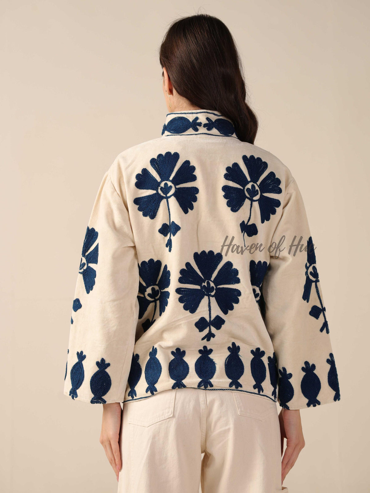 Women's Cream Suzani Velvet Jacket Navy Blue Embroidered Boho Minimalist Coat