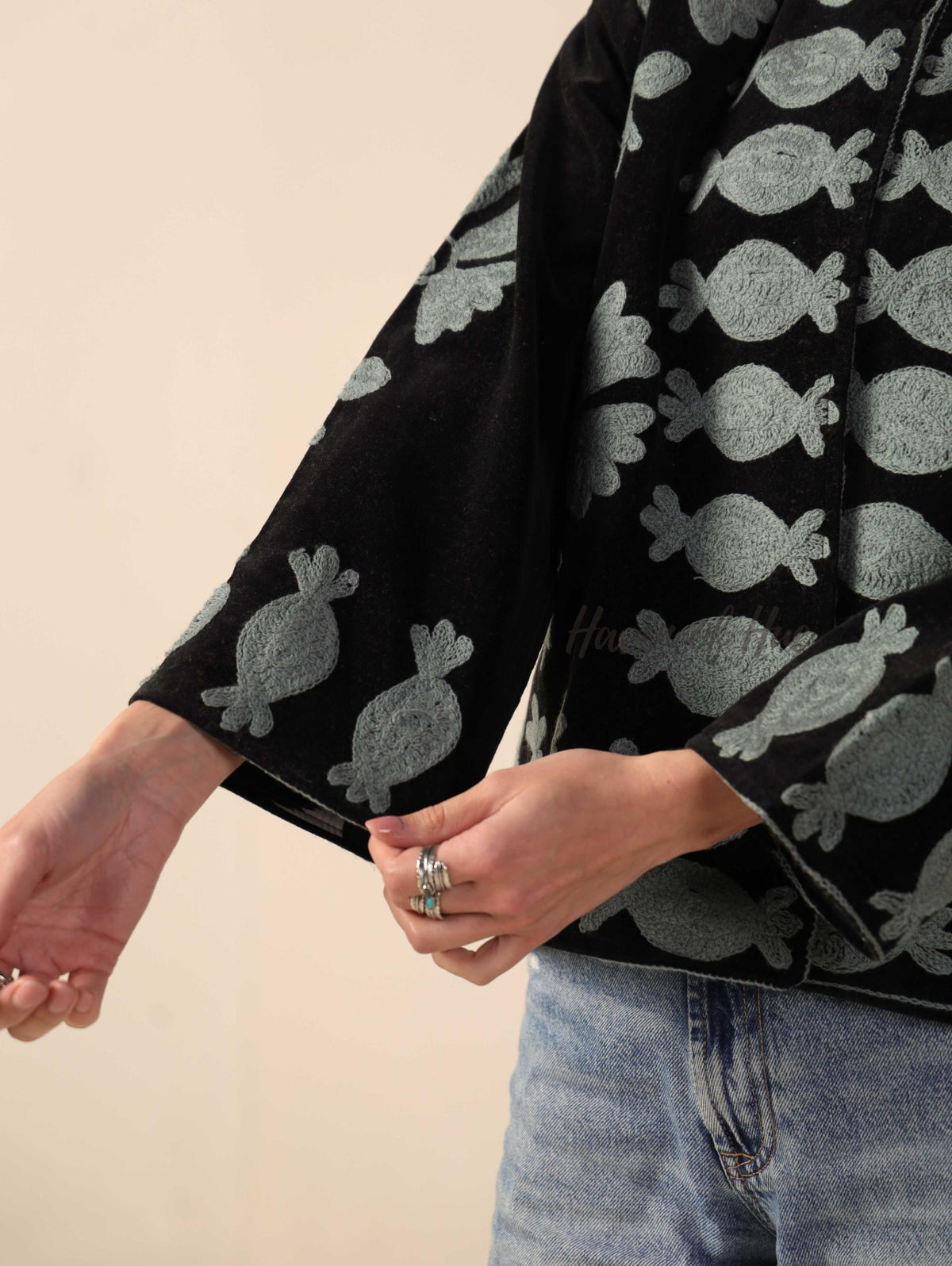 Women's Black Suzani Velvet Jacket Silver Pomegranate Embroidered Boho Coat