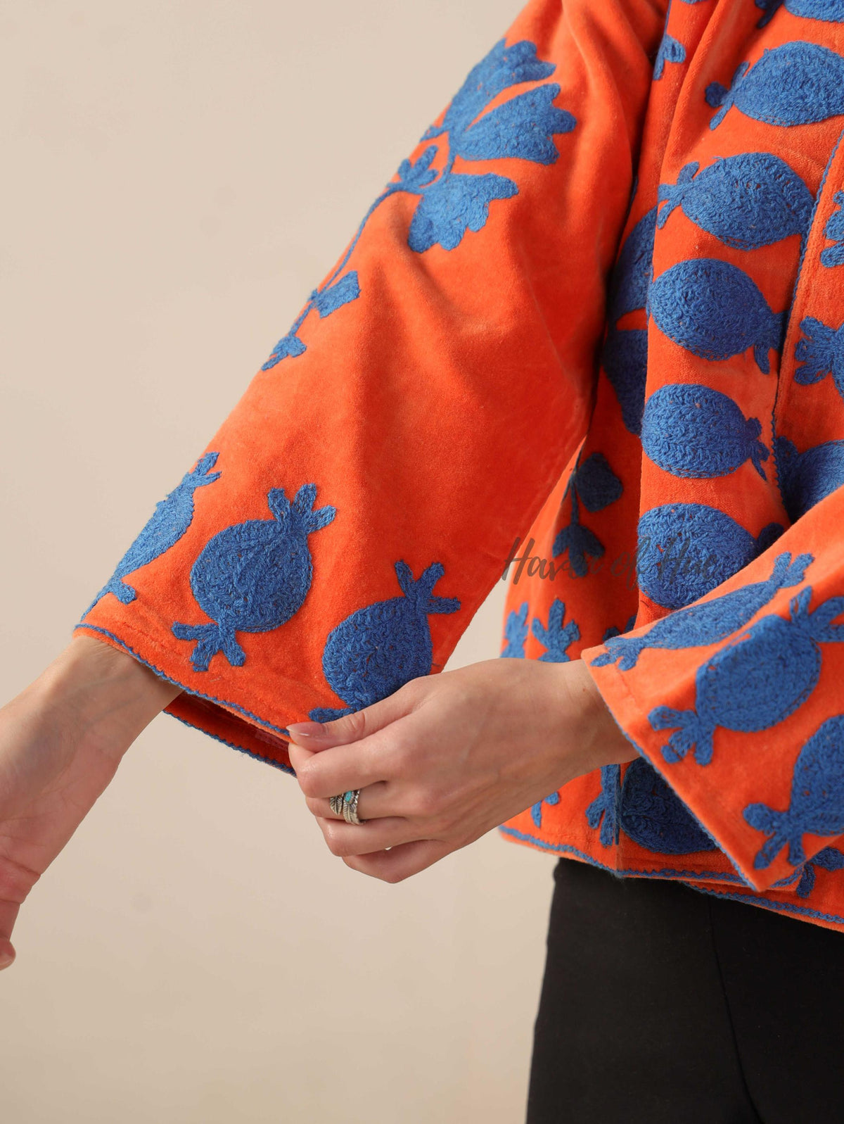Women's Orange Suzani Velvet Jacket Blue Pomegranate Embroidered Boho Coat