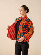 Women's Orange Suzani Velvet Jacket Teal Blue Floral Embroidered Boho Coat