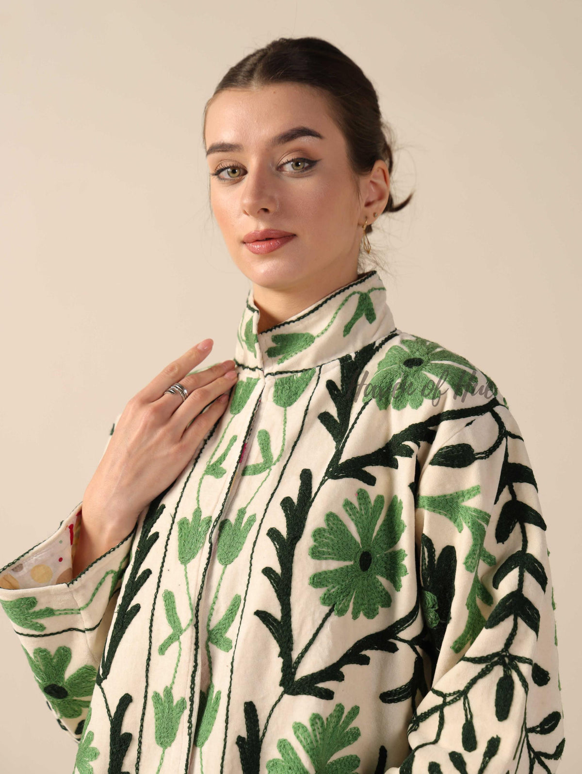 Women's White Suzani Velvet Jacket Green Floral Embroidered Boho Coat