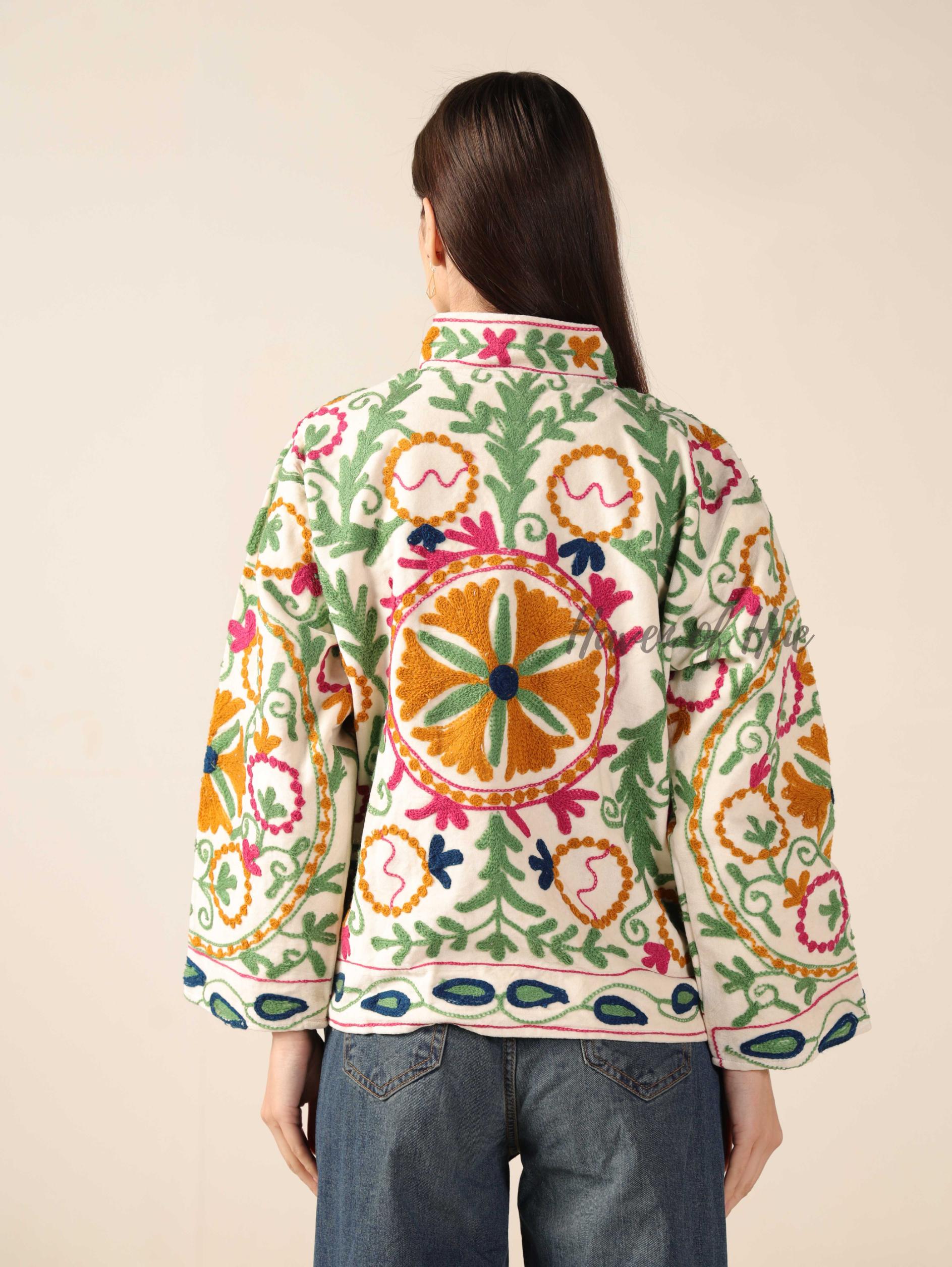 Women's Hand-Embroidered Suzani Velvet Jacket Boho Floral Artisanal Chic Outerwear
