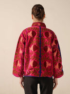 Women's Pink Suzani Velvet Jacket Maroon Floral Embroidered Boho Coat