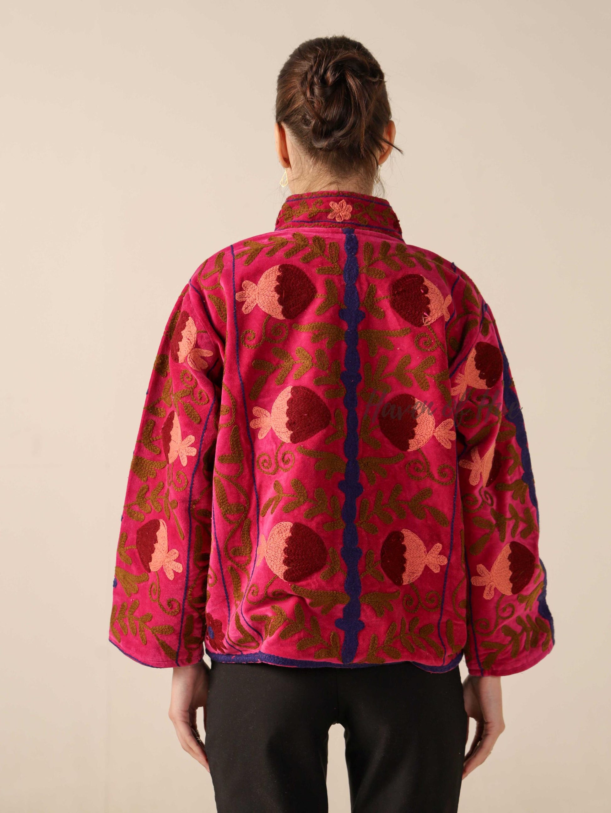 Women's Pink Suzani Velvet Jacket Maroon Floral Embroidered Boho Coat