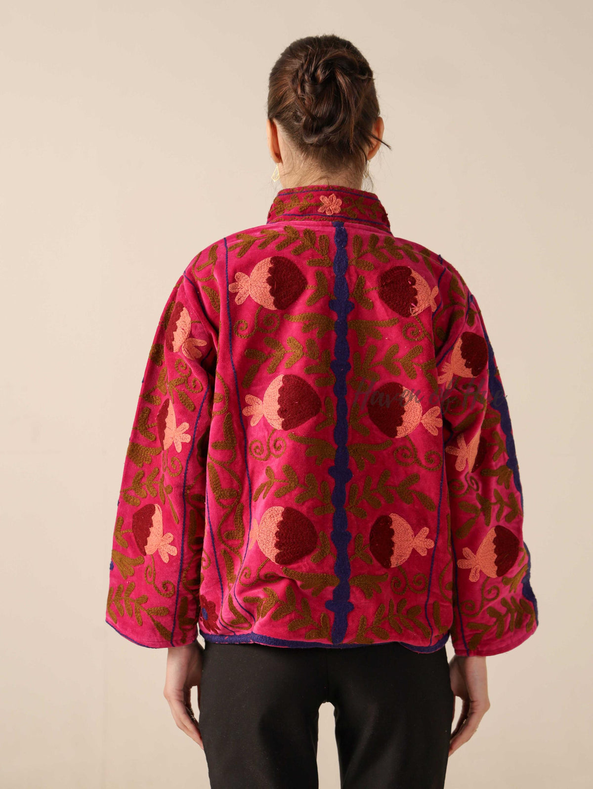 Women's Pink Suzani Velvet Jacket Maroon Floral Embroidered Boho Coat