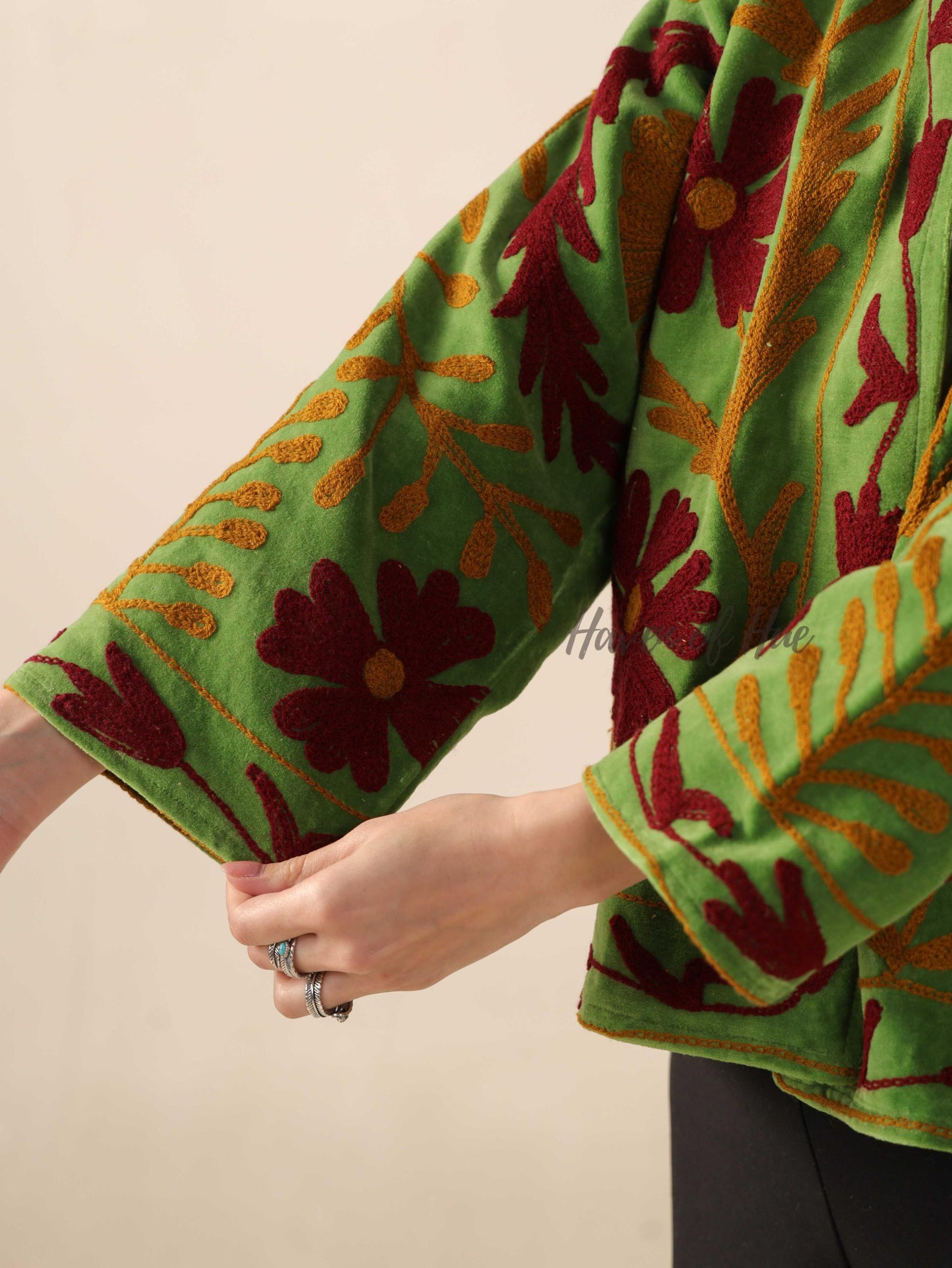 Women's Green Suzani Velvet Jacket Boho Maroon Floral Embroidered Coat
