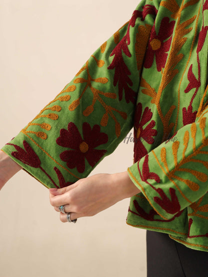 Women's Green Suzani Velvet Jacket Boho Maroon Floral Embroidered Coat