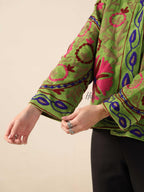 Women's Green Suzani Velvet Jacket Pink Floral Embroidered Boho Coat