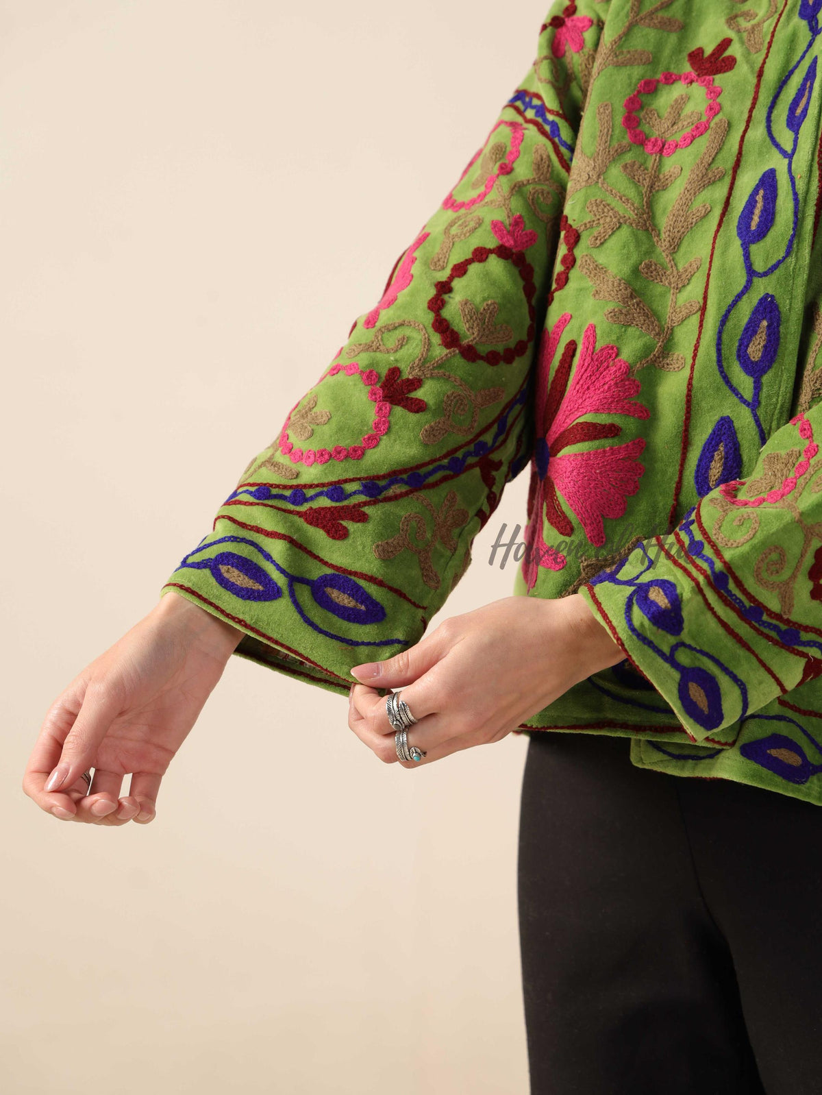 Women's Green Suzani Velvet Jacket Pink Floral Embroidered Boho Coat