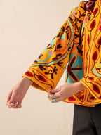 Women's Yellow Suzani Velvet Jacket Teal and Red Embroidered Boho Coat