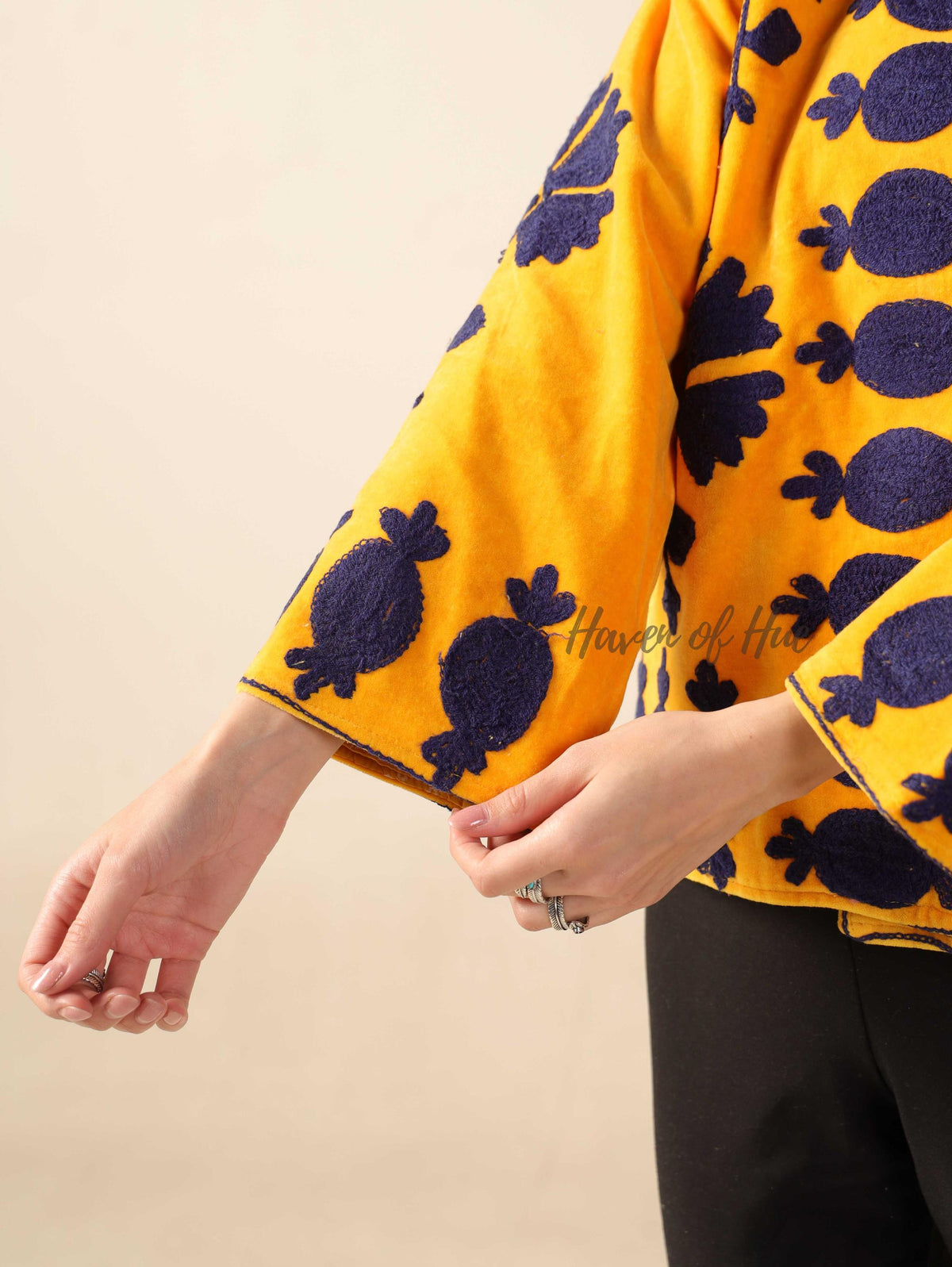 Women's Yellow Suzani Velvet Jacket Purple Pomegranate Embroidered Boho Coat