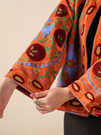 Women's Rust Orange Suzani Velvet Jacket Multi Color Embroidered Boho Coat