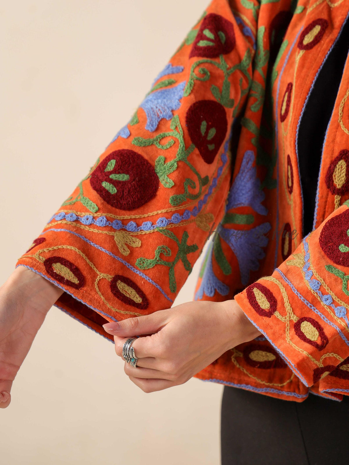 Women's Rust Orange Suzani Velvet Jacket Multi Color Embroidered Boho Coat