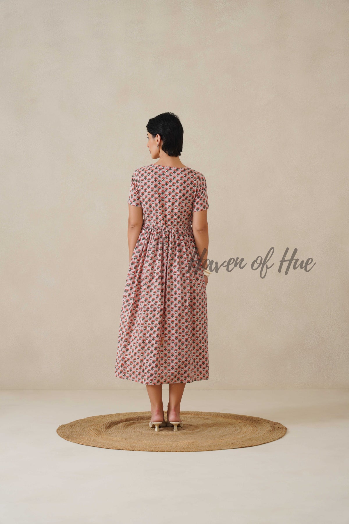 Berry Pink Floral Cotton Midi Dress - Boho Short Sleeve Summer Dress