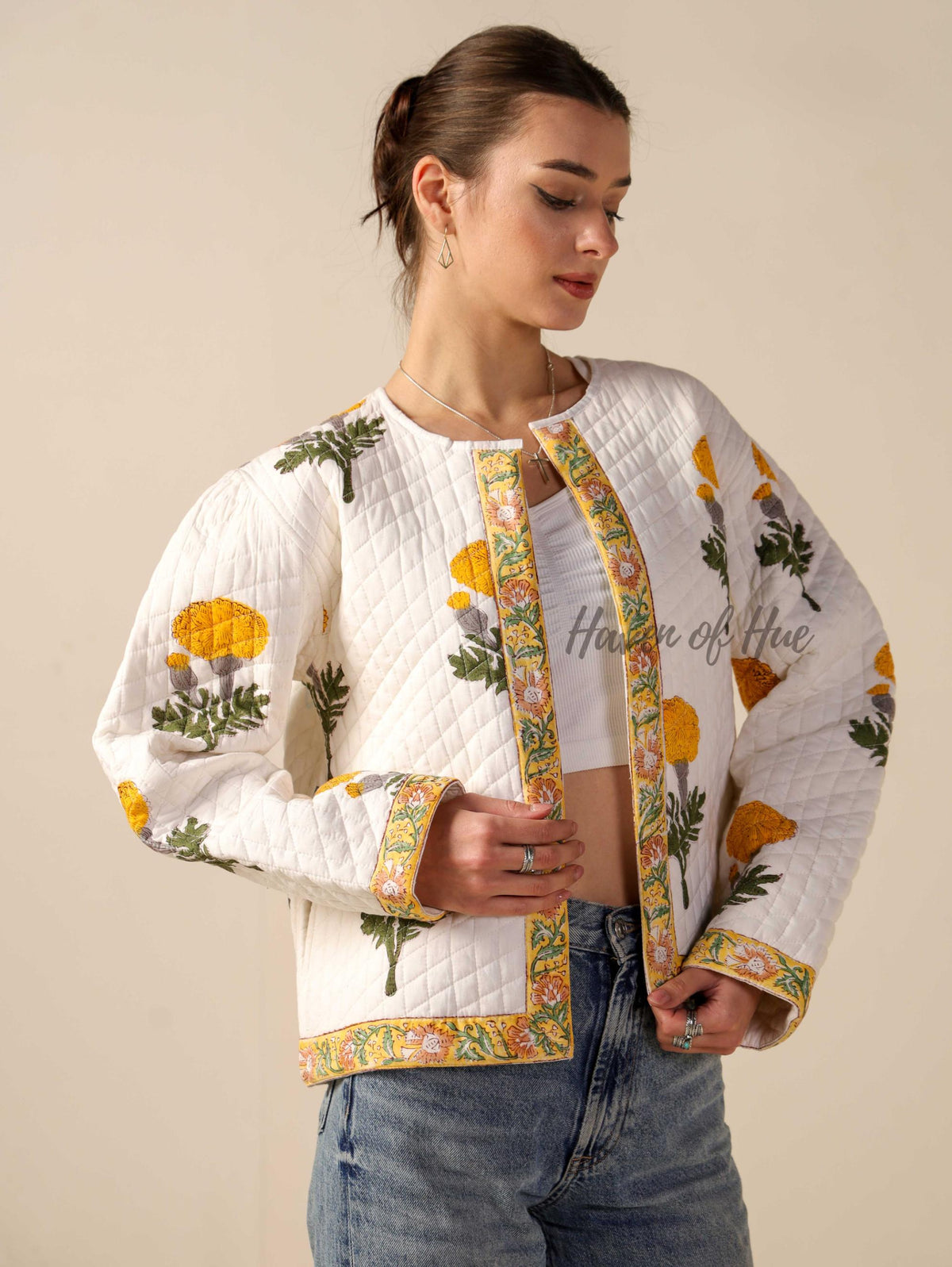 Hand Block Printed Cotton Quilted Jacket for Women Floral Boho Open Front Jacket