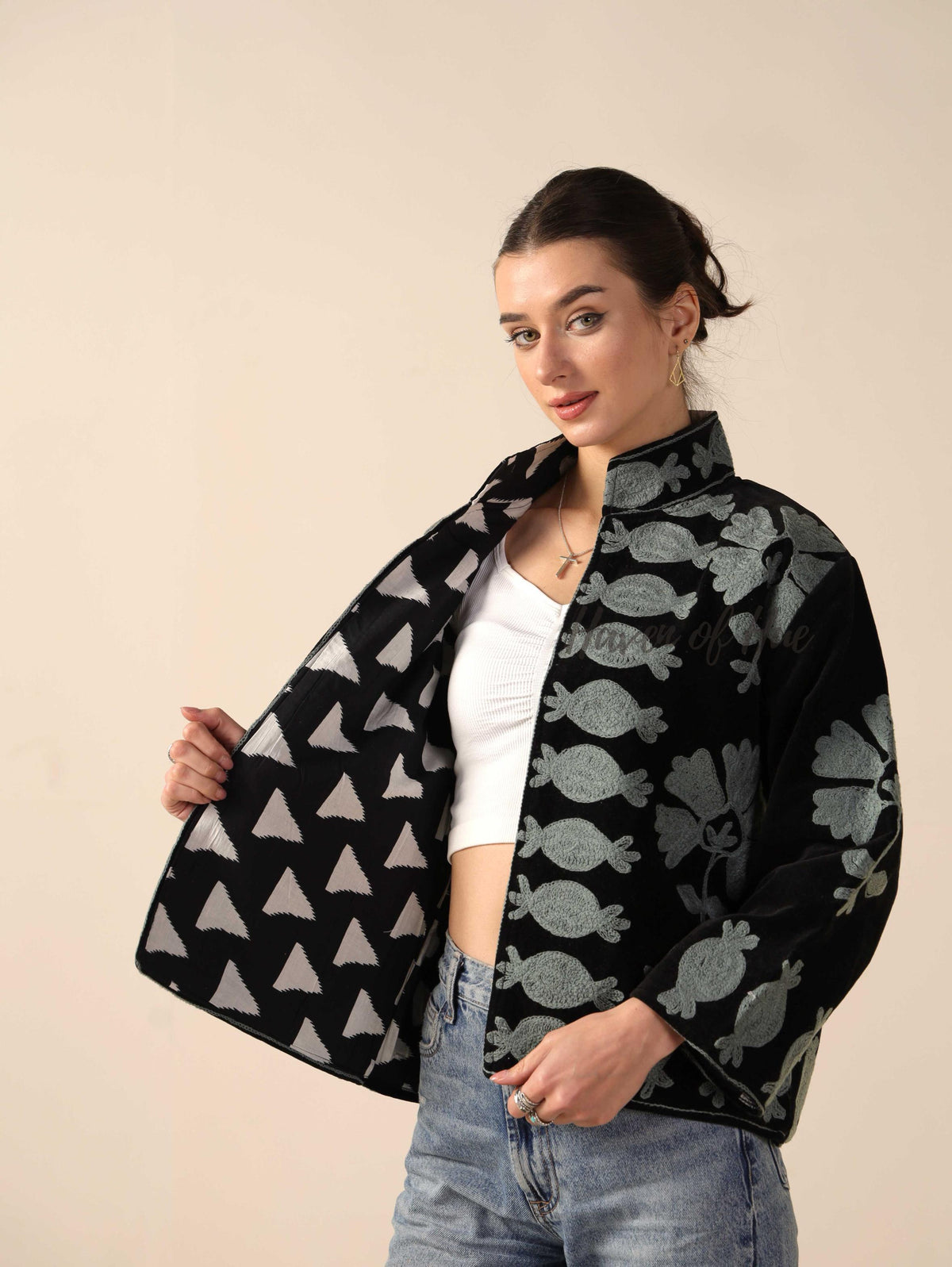 Women's Black Suzani Velvet Jacket Silver Pomegranate Embroidered Boho Coat