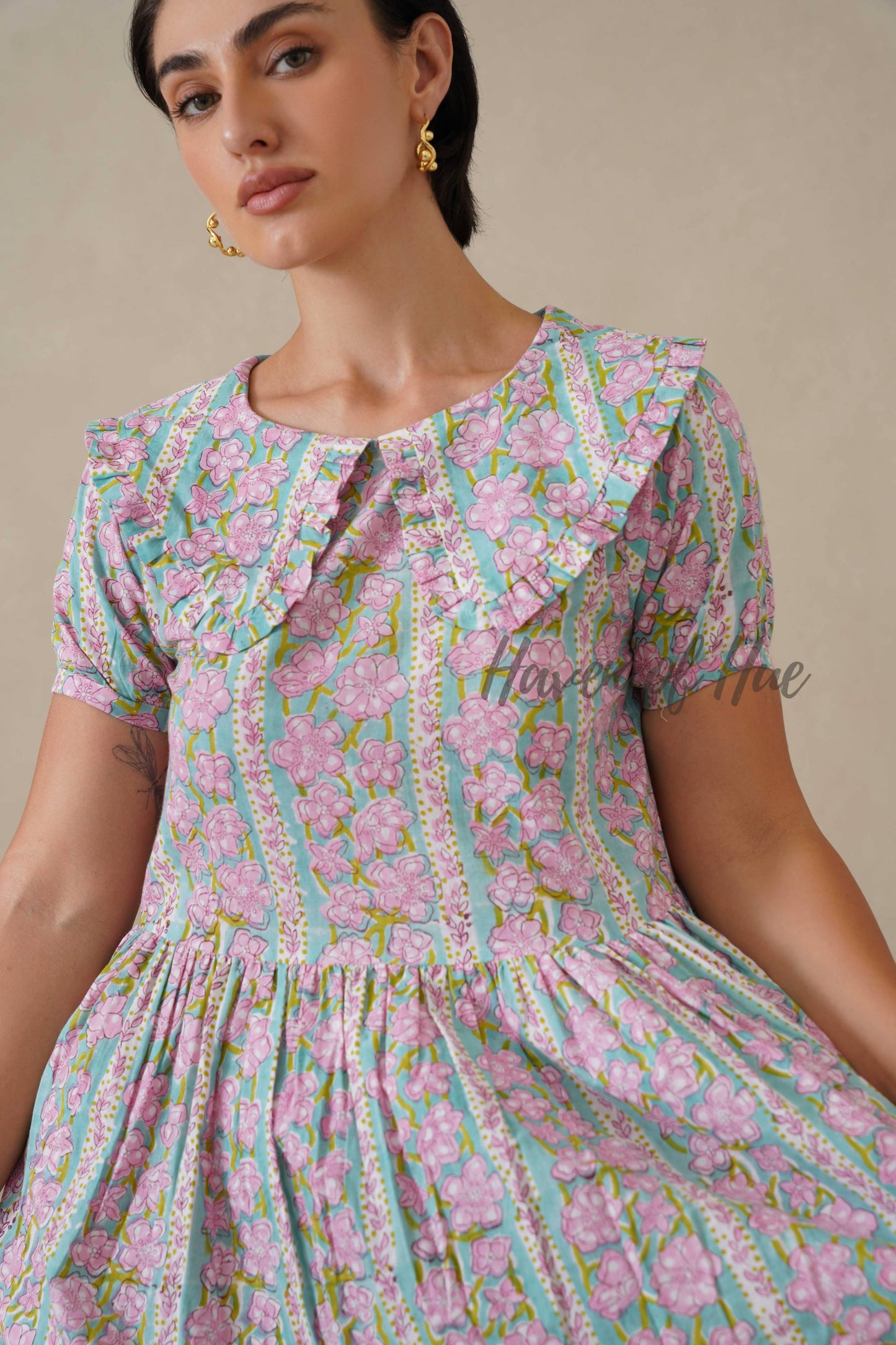 Pink Floral Cotton Dress | Vintage Ruffle Collar Midi Dress | Boho Summer Short Sleeve Relaxed Fit Smock Dress