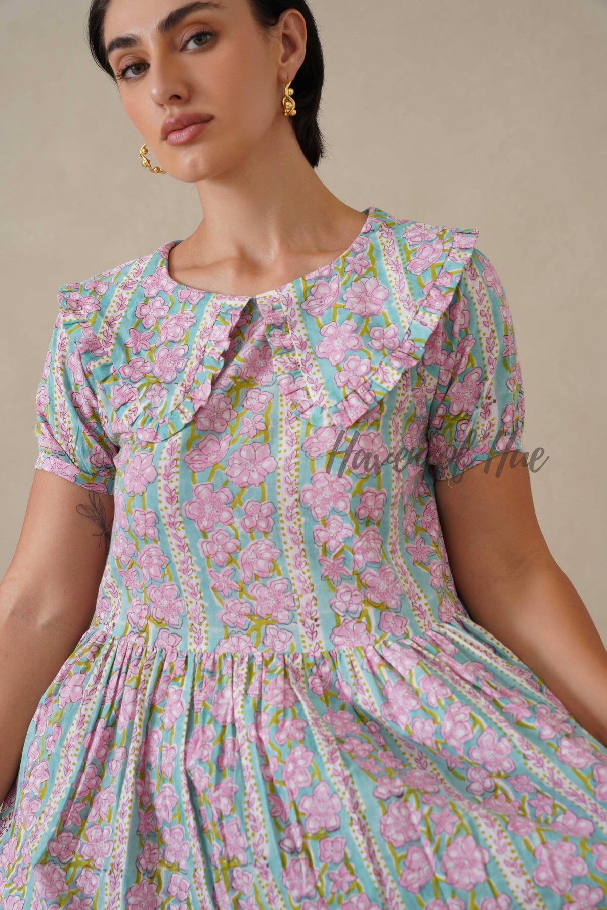 Pink Floral Cotton Dress | Vintage Ruffle Collar Midi Dress | Boho Summer Short Sleeve Relaxed Fit Smock Dress