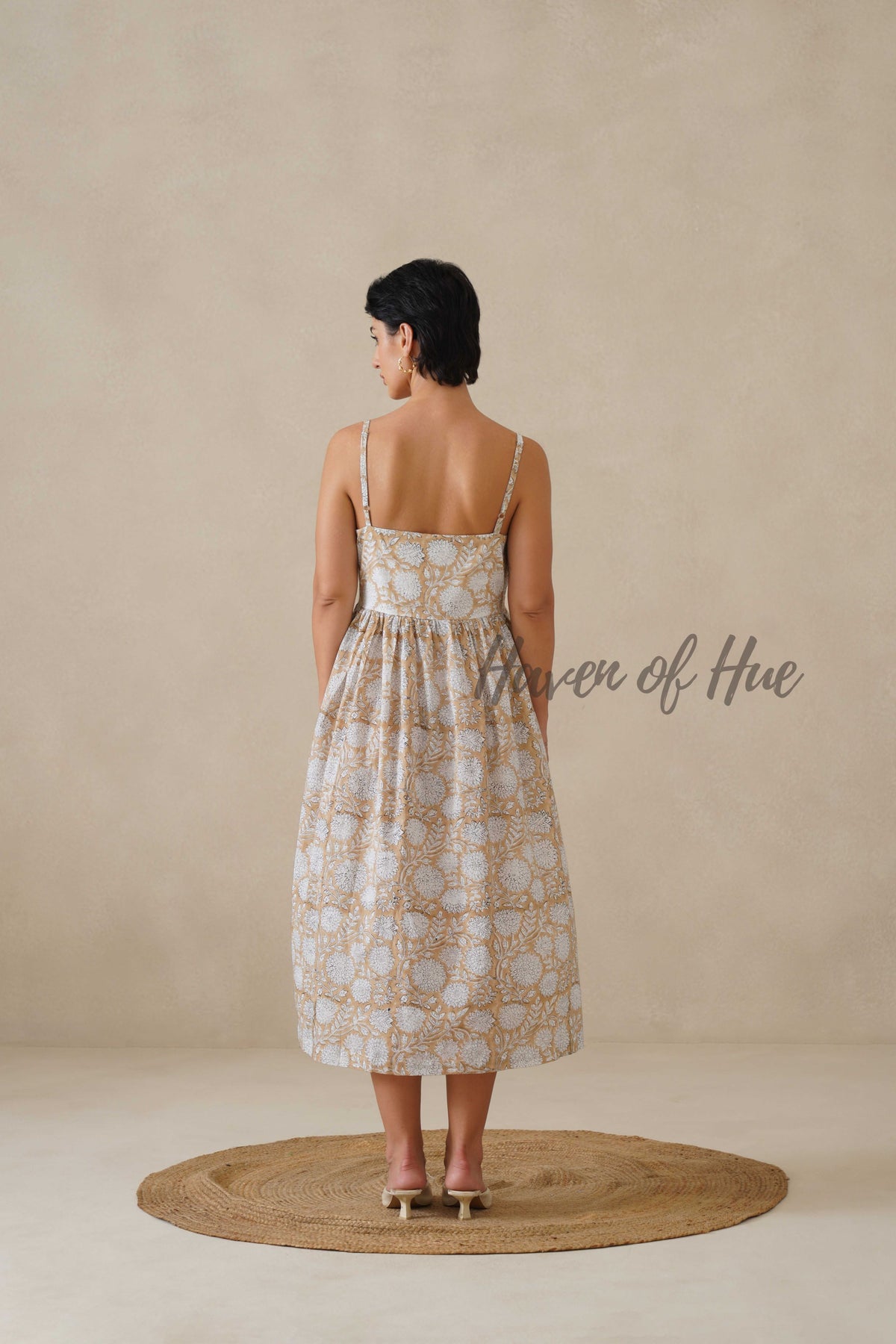 Beige Floral Cotton Dress | Sleeveless Button Down Midi Dress