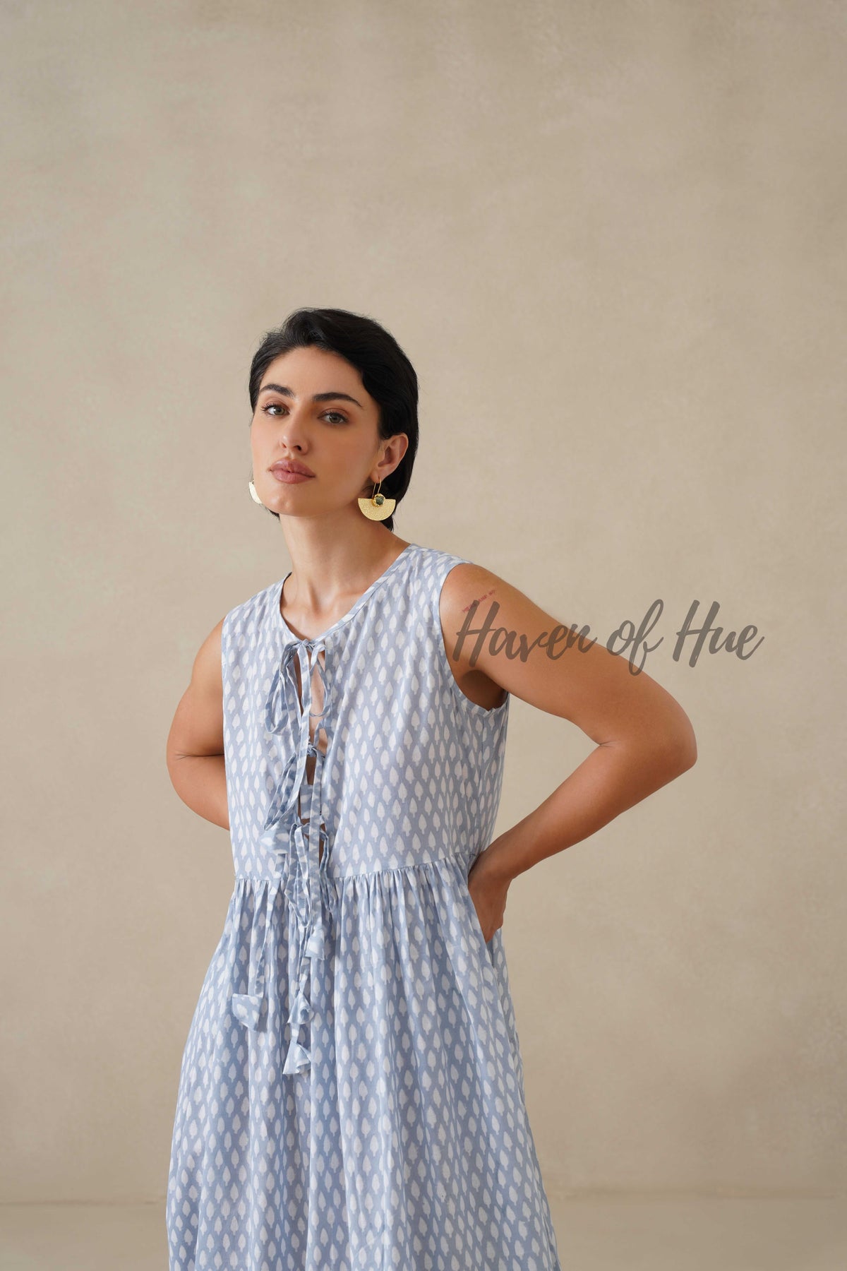 Blue Cotton Midi Dress for Women, Sleeveless Boho Summer Sundress
