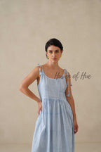 Cotton Midi Dress Summer Striped Tie-Strap A-Line Casual Sun Dress - Light Blue & White