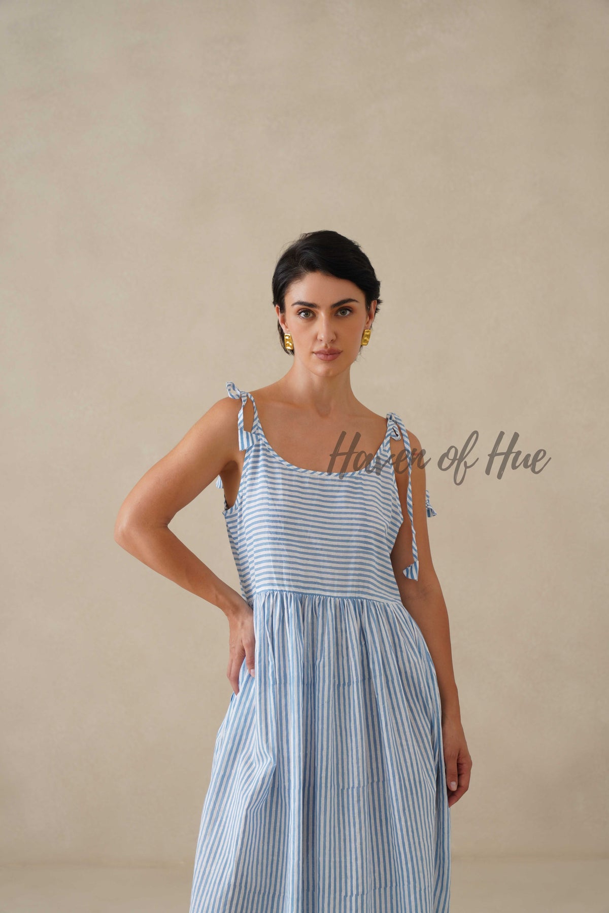Cotton Midi Dress Summer Striped Tie-Strap A-Line Casual Sun Dress - Light Blue & White