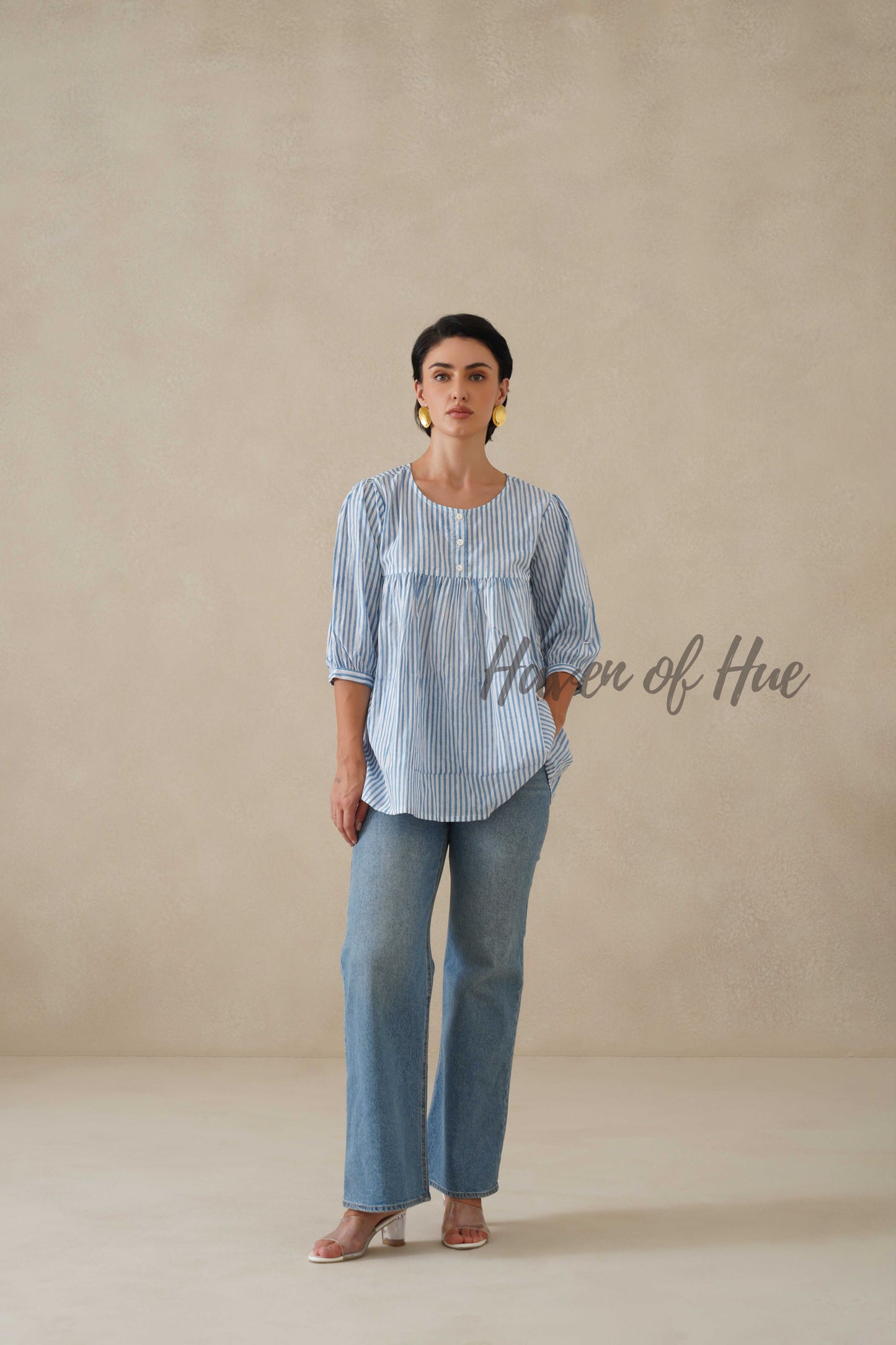 Women Cotton Tunic Top | Hand Block Print Striped Blue Top - 100% Breathable Cotton Summer Tunic