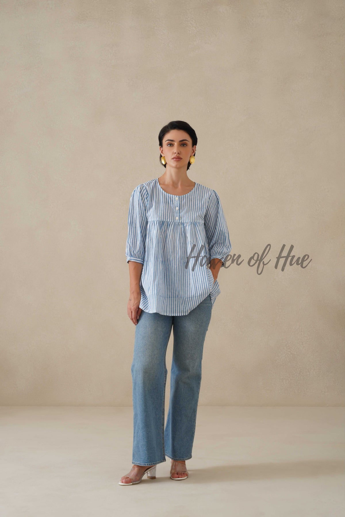 Women Cotton Tunic Top | Hand Block Print Striped Blue Top - 100% Breathable Cotton Summer Tunic