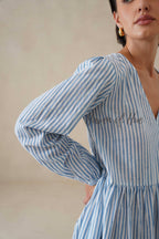 Blue Striped Cotton Dress with Long Sleeves, V-Neck Tiered Midi for Women