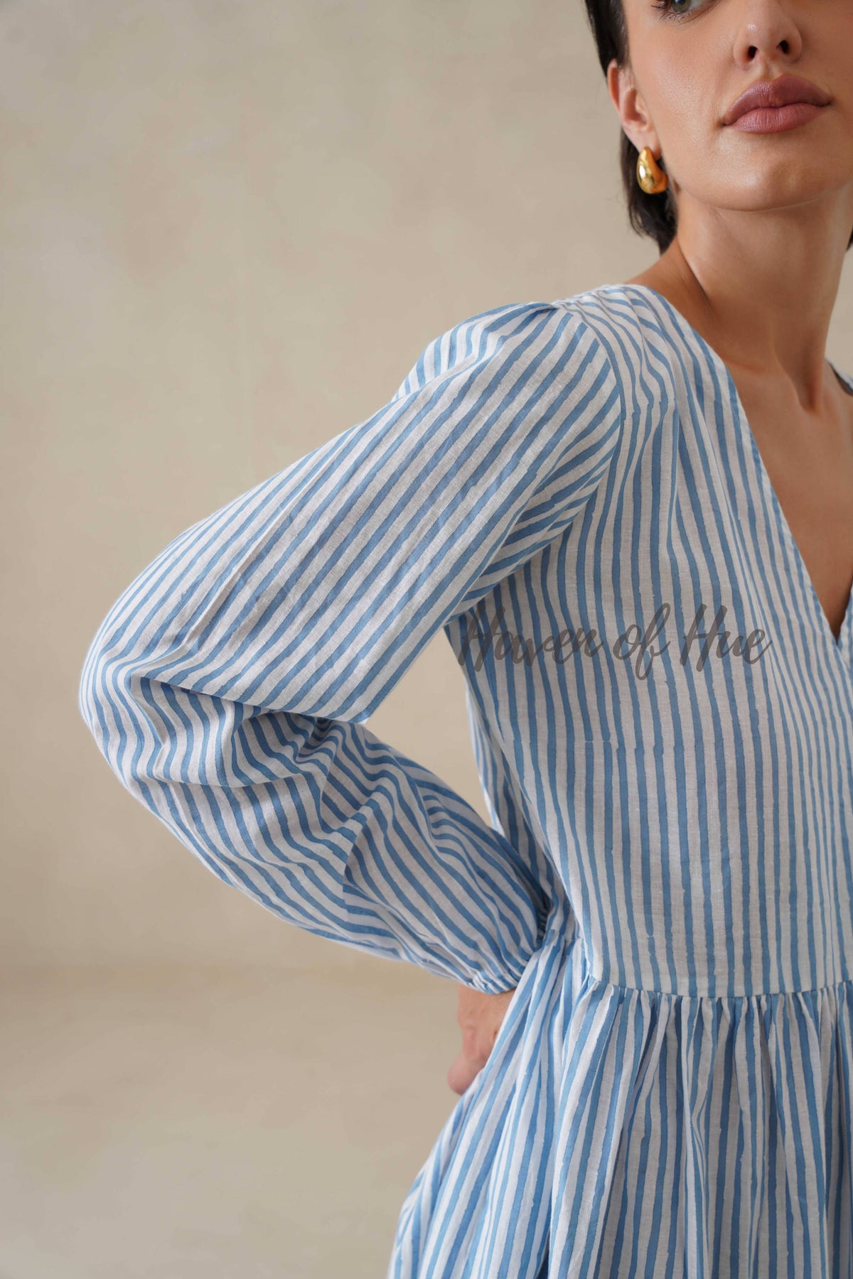 Blue Striped Cotton Dress with Long Sleeves, V-Neck Tiered Midi for Women