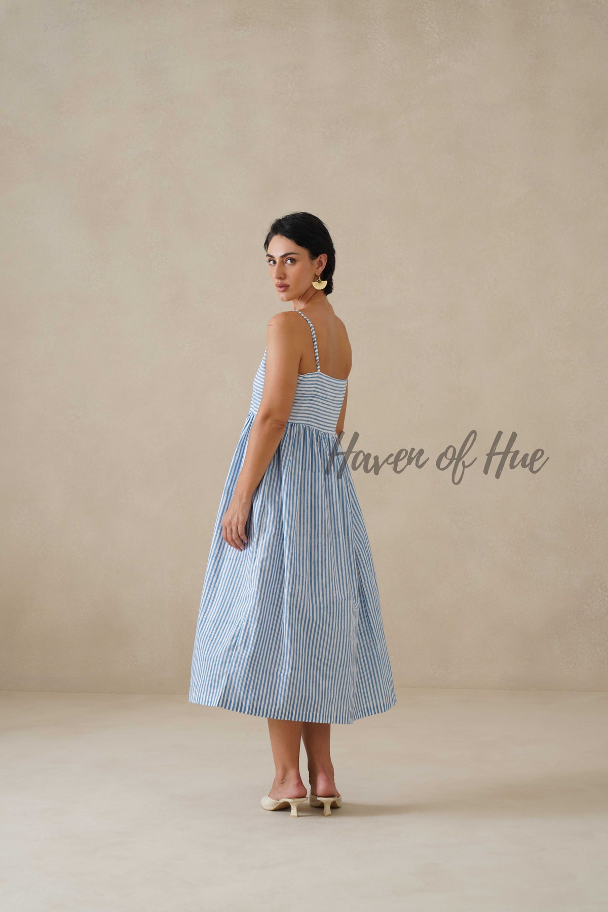 Blue Striped Cotton Dress | Sleeveless Button Down Midi Dress