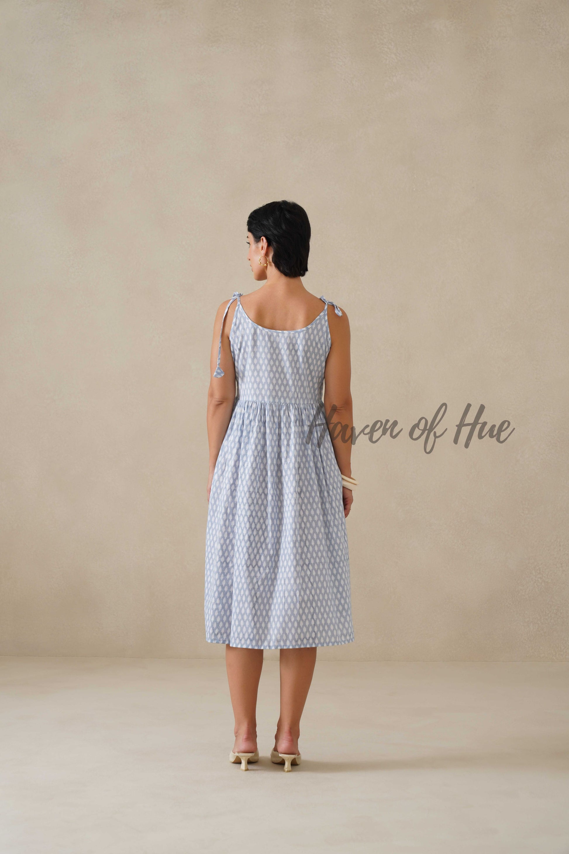 Blue Printed Cotton Dress | Tie Shoulder Summer Midi Dress