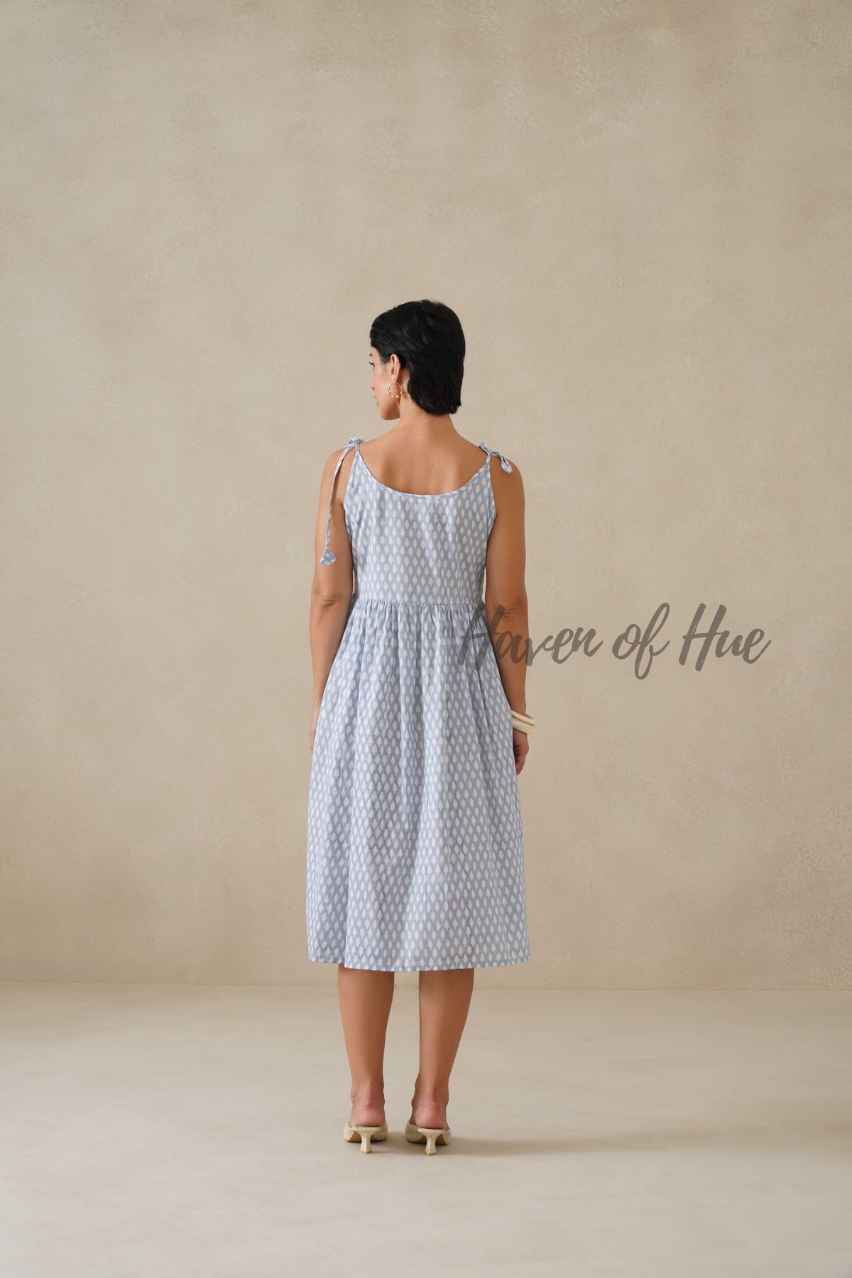 Blue Printed Cotton Dress | Tie Shoulder Summer Midi Dress