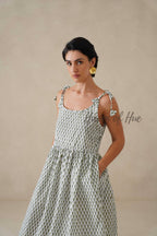 Cotton Midi Dress Summer Boho Print Sleeveless A-Line Casual Sun Dress for Women - Sage Green & White