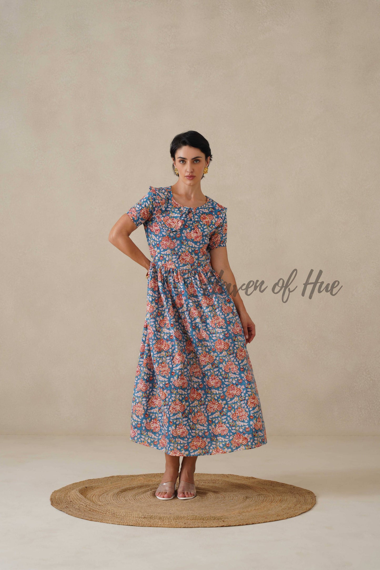 Floral Cotton Midi Dress with Short Sleeves - Vintage Boho Print Summer Day Dress for Women - Relaxed Fit Blue A-Line Dress