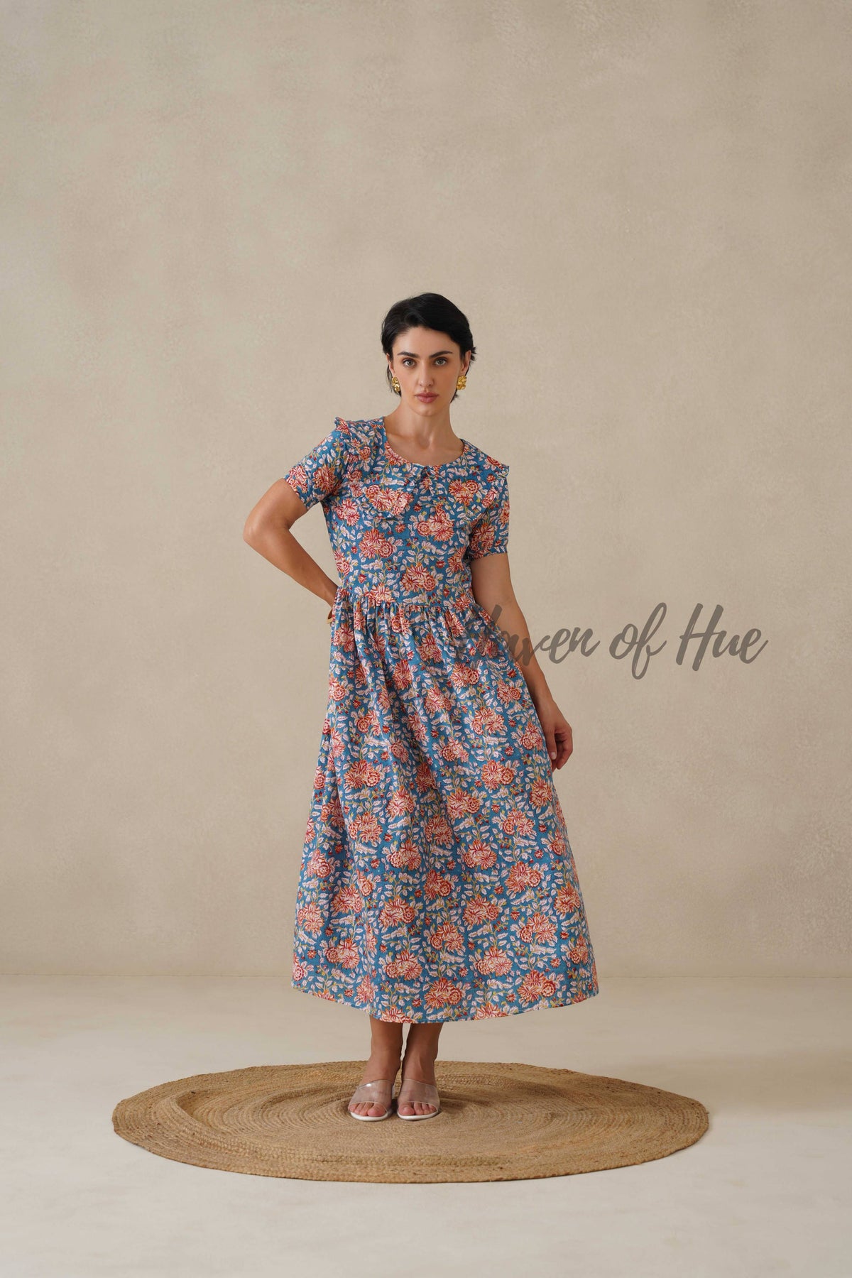 Floral Cotton Midi Dress with Short Sleeves - Vintage Boho Print Summer Day Dress for Women - Relaxed Fit Blue A-Line Dress