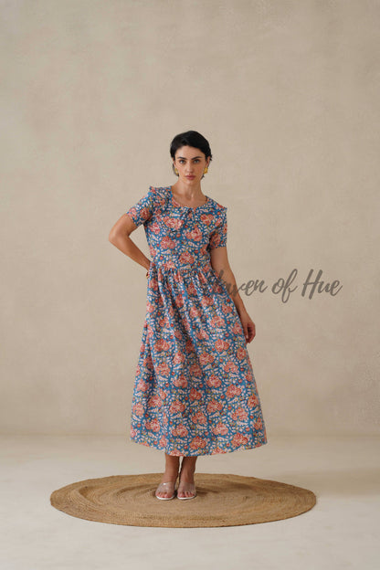 Floral Cotton Midi Dress with Short Sleeves - Vintage Boho Print Summer Day Dress for Women - Relaxed Fit Blue A-Line Dress
