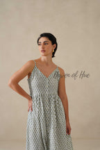 Cotton Midi Dress for Women, Green Floral Strappy V-Neck Summer Sundress