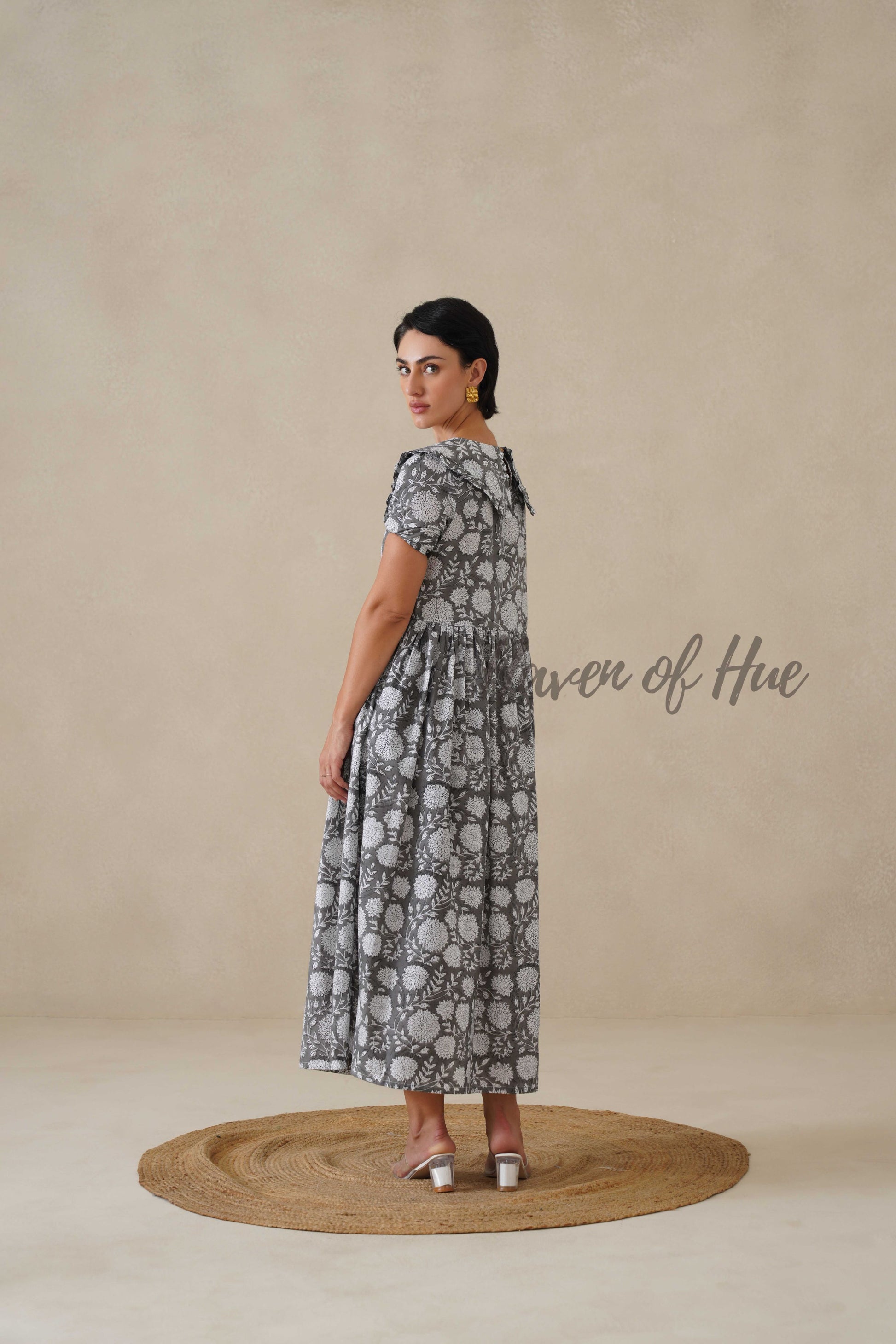 Women Cotton Tunic Top - Hand Block Print Peter Pan Collar Blouse - Grey Floral Boho Top - Artisan Crafted Relaxed Fit Summer Top