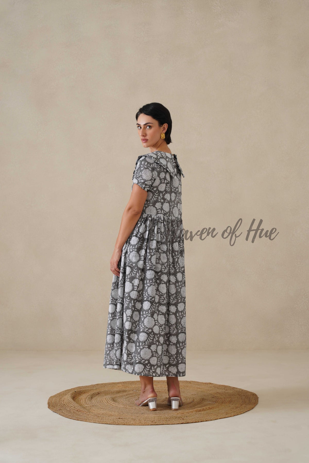 Women Cotton Tunic Top - Hand Block Print Peter Pan Collar Blouse - Grey Floral Boho Top - Artisan Crafted Relaxed Fit Summer Top