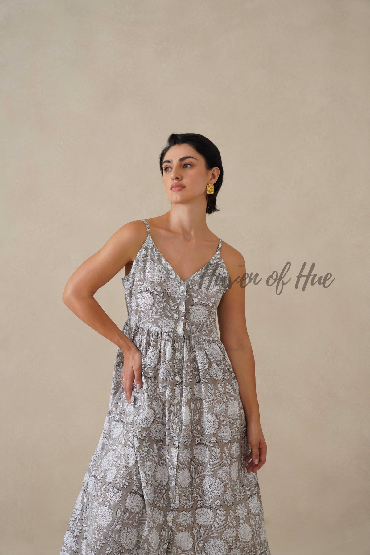 Women Cotton Tunic Top - Hand Block Print Cami Dress - Grey Floral Boho Tunic - Artisan Sleeveless Relaxed Fit Summer Dress