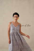 Cotton Midi Dress Summer Boho Lavender Floral Button-Front V-Neck Sun Dress for Women