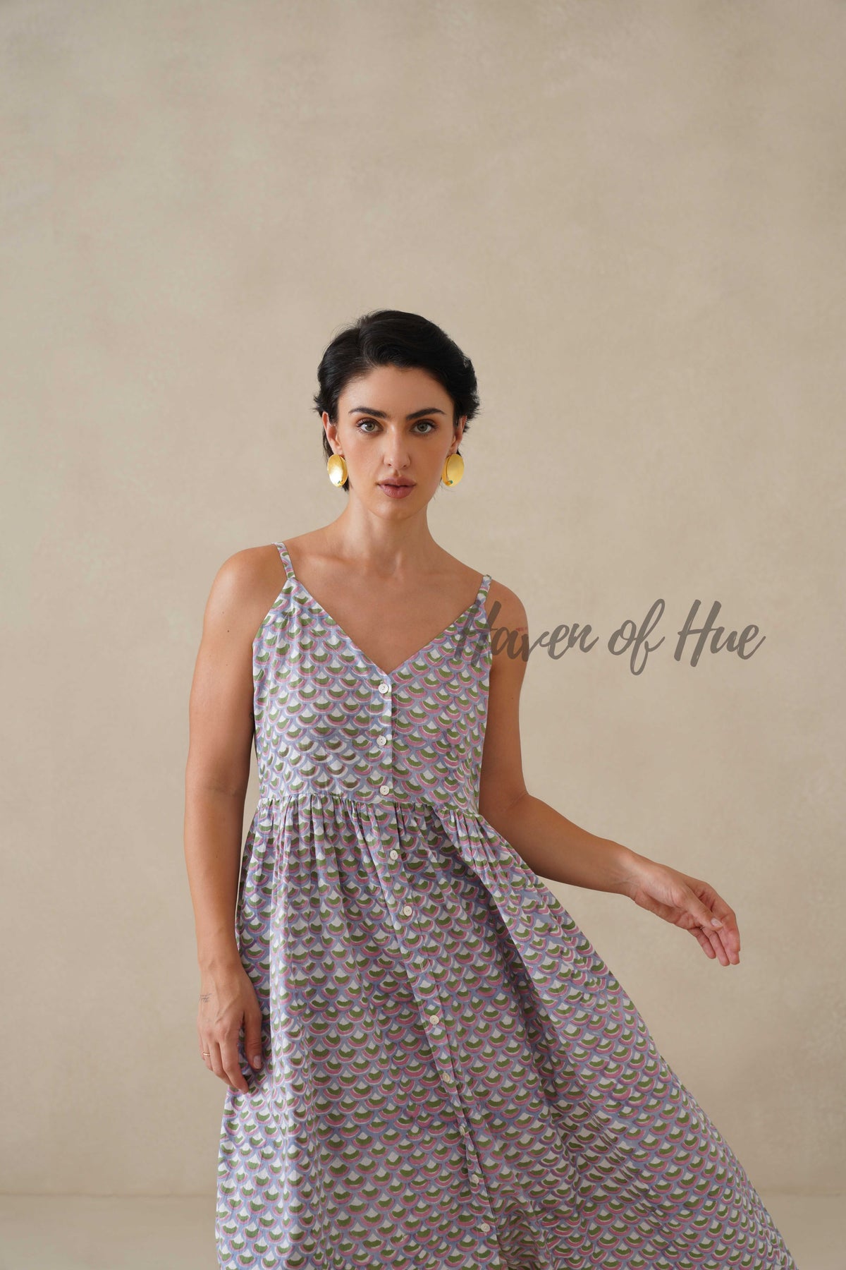 Cotton Midi Dress Summer Boho Lavender Floral Button-Front V-Neck Sun Dress for Women